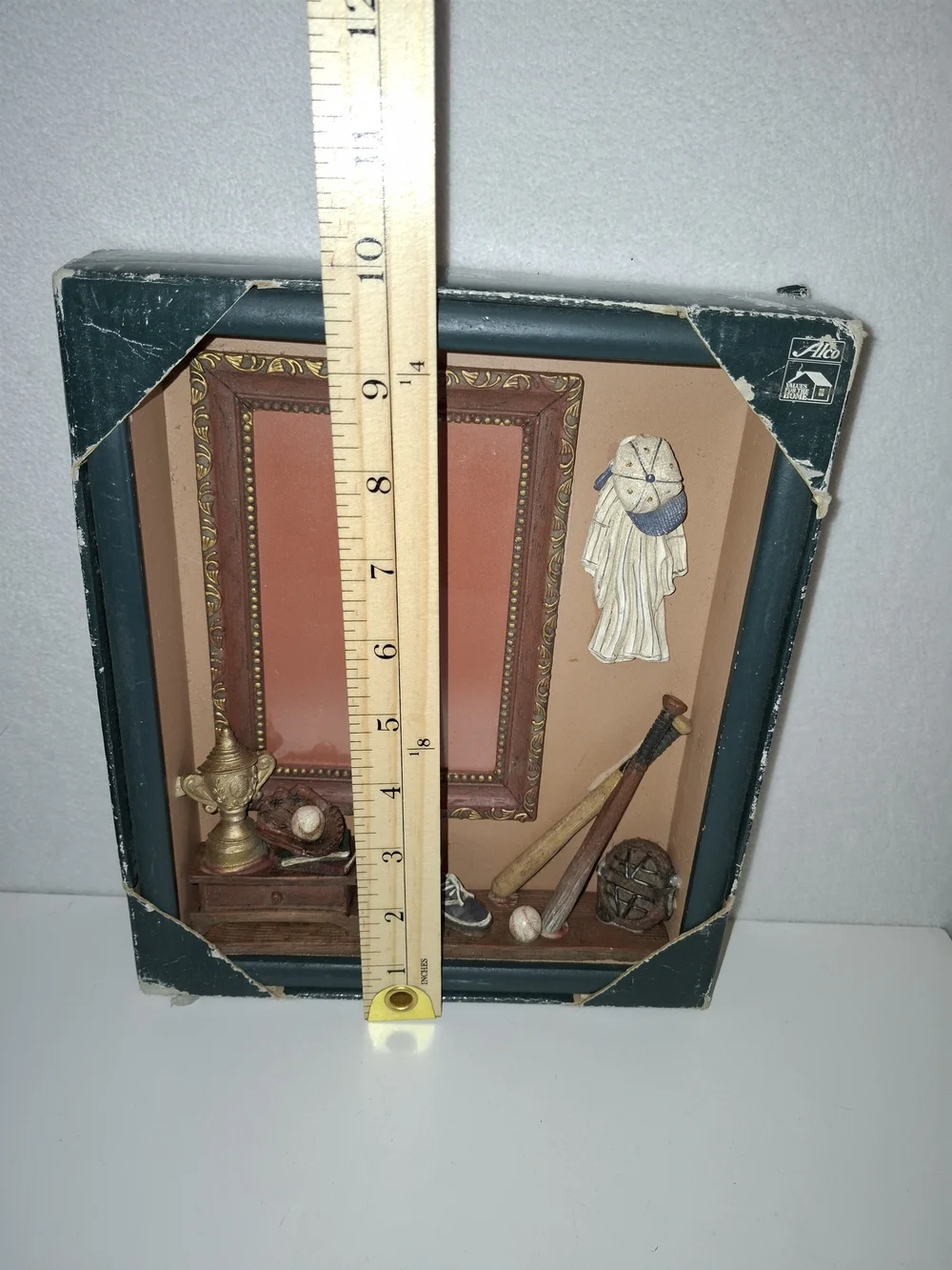Vintage Baseball Shadow Box Wooden Picture Frame - Green & Tan